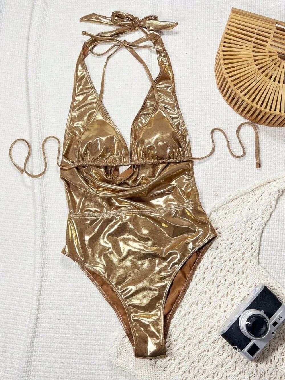 Sexy Women's Gold Metallic Halter Tie Front Cutout One Piece Suit